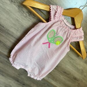 Mud Pie Pink & White Striped Seersucker Ruffle Romper w/ Tennis Racquets & Ball